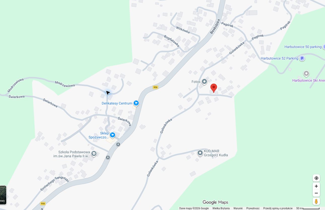 Mapa okolicy Golonkówki w Harbutowicach z zaznaczoną lokalizacją — adres kontaktowy: Golonkówka 43
